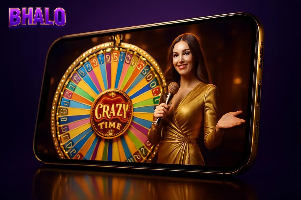 BHALO Crazy Time โ a smartphone screen showing a bright live wheel casino show BHALO Crazy Time โ a smartphone screen showing a bright live wheel casino show