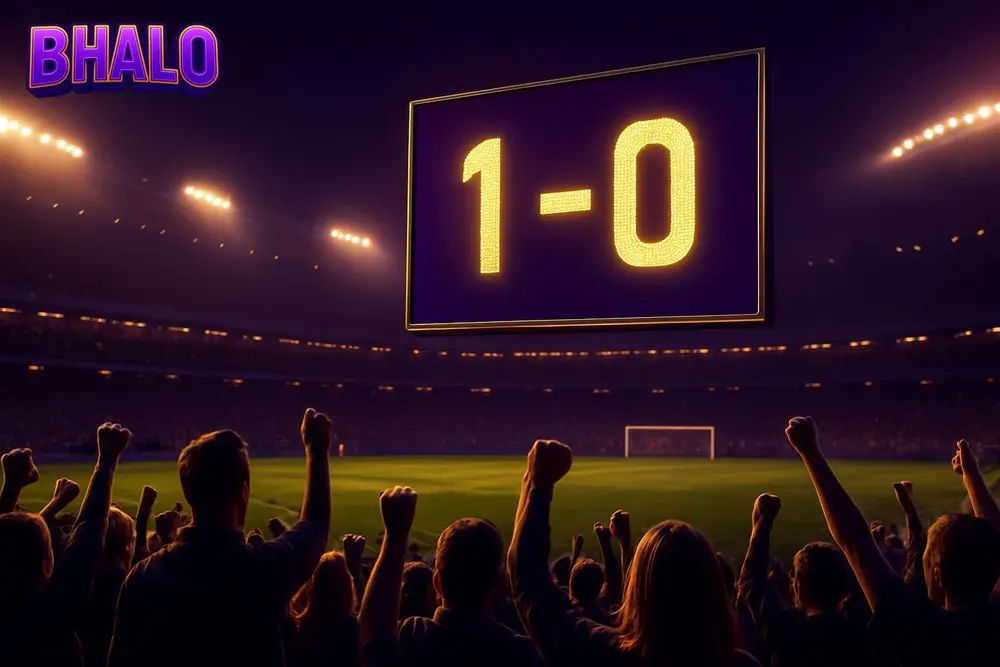 BHALO football betting — a stadium at night with a glowing scoreboard and cheering crowd