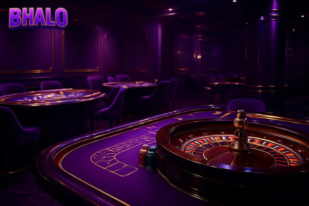 BHALO Bangladesh — a purple and white themed casino lounge with glowing game tables